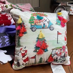 Brand new Christmas Holiday decorative Pillow with Santa Golf Cart Design